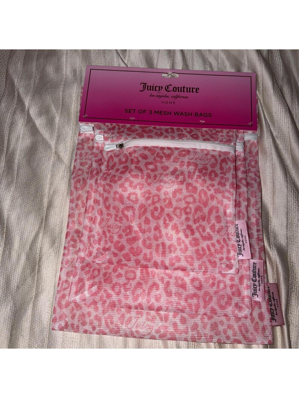 Juicy Couture Set of 3 Mesh Wash Bags Pink Leopard Travel Vacation